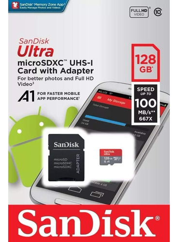 Cartão Micro Sd Sandisk A1 Ultra 128gb 100mb/s + Adaptador