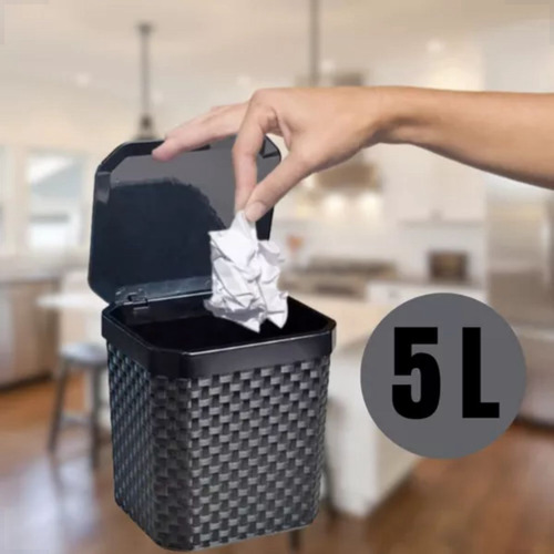 Lixeira Pia Organizador Cozinha Preta Com Tampa Rattan 5l