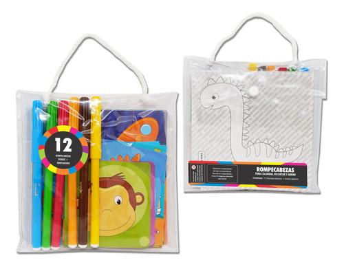 Set 12 Rompecabezas Puzzle Dobles Para Colorear + Marcadores