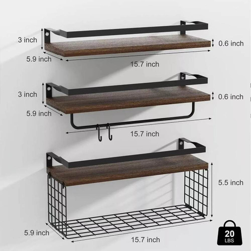 Repisas Flotantes De Madera Modernas X3 Con Reja 100% Pino