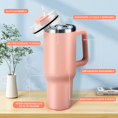 Vaso Termico 40oz Portátil Acero Inoxidable Con Calor/frío Coral Claro