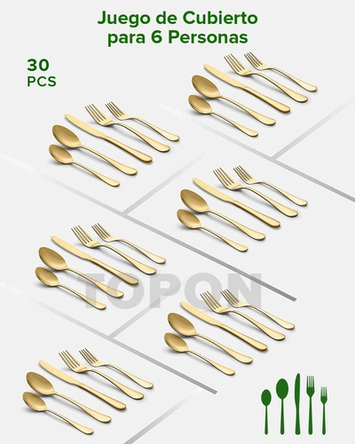Zh Juego Cubiertos Acero Inoxidable Dorado Topon 30 Piezas