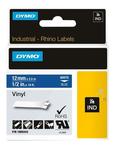 Cinta blanca de vinilo y PVC de 12 mm x 5,5 m para etiquetadora profesional Rhinopro Dymo, color blanco