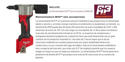 Remachadora M12 3/16 2550-20 Milwaukee | Envío gratis