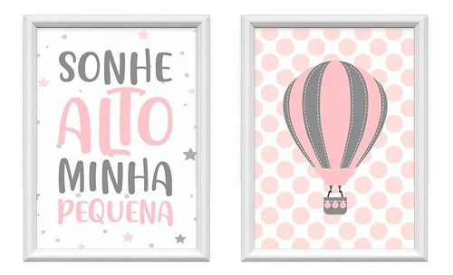 Kit 2 Quadros Decorativos Meu Rodapé 34x44 Sonhe Alto Rosa