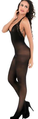 Atractivo Bodystocking Malla Encaje Con Cuello Halter