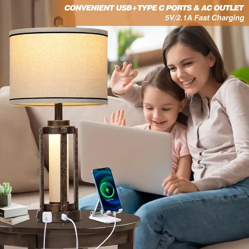 Lámparas De Mesa Rústicas Vintage 2 Pzas Usb+c Y Enchufe