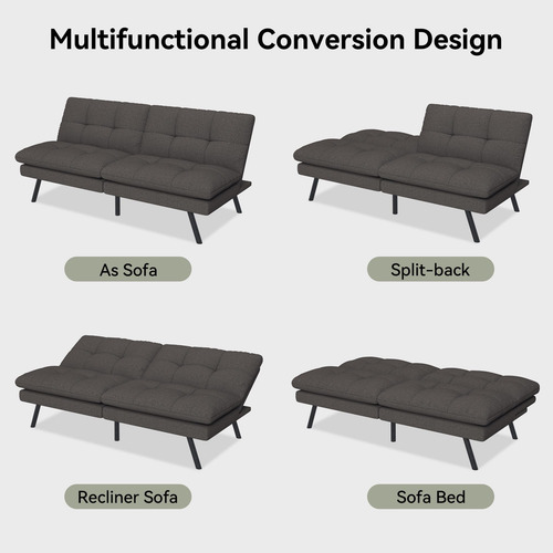 Sofá Cama Futón Convertible De Tela Lino Gris Ajustable
