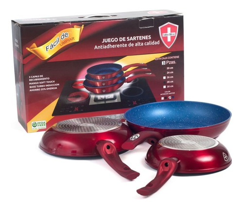 Set De 3 Sartenes Rojo Interior Azul Swiss Silver