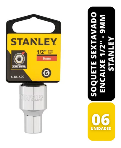 Kit C/ 6 Soquete Sextavado 1/2  9mm Stanley
