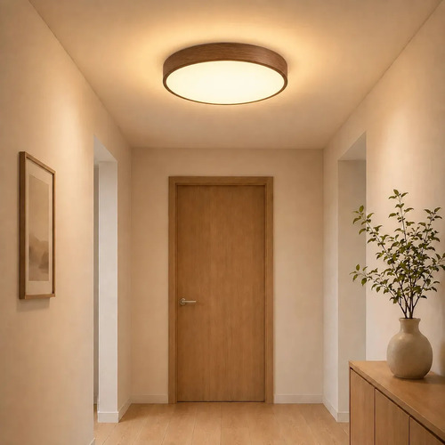 Plafon LED Luminária de Teto Sobrepor Amadeirado Efeito Madeira 24W 38cm Bivolt, Redondo Ultrafino, Luz Tricolor 3 Cores IRC 90+, para Sa...