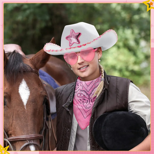Sombrero Vaquero De Fiesta+lentes Forma De Corazon Y Pañuelo