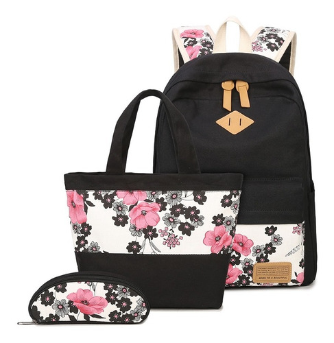 Mochila Notebook Lona Flower com Bolsa E Necessarie Cor Preto Desenho do tecido Flor