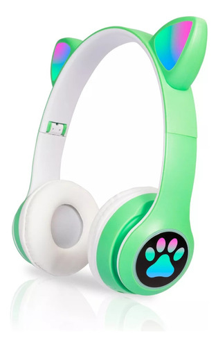 Auricular Cat Inalambricos Orejas Gato Luz Led Color Verde Claro Luz Rgb