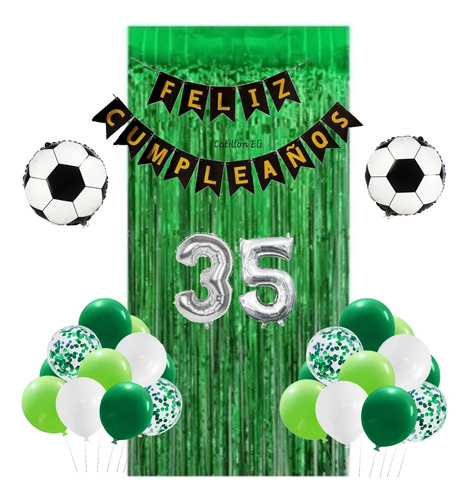 Combo Globos Cumpleaños Verde Pelota Cortina Numeros