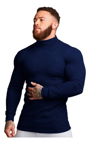 Cacharrel Blusa Tricot Lã Masculina Canelada Gola Alta 