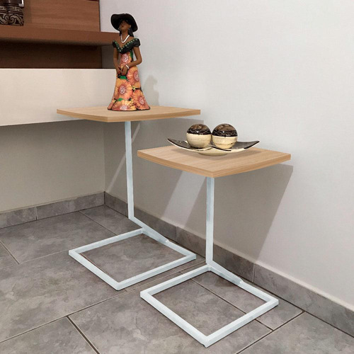 Conjunto Jogo Mesa Tip De Canto Lateral Tampo Quadrado Cor Branco/jade