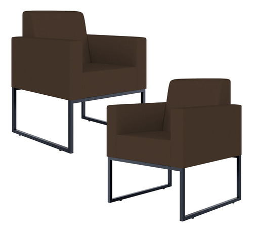 Kit 02 Poltronas Decorativas Sala e Recepção Base Fixa de Metal Helô L02 Suede Marrom