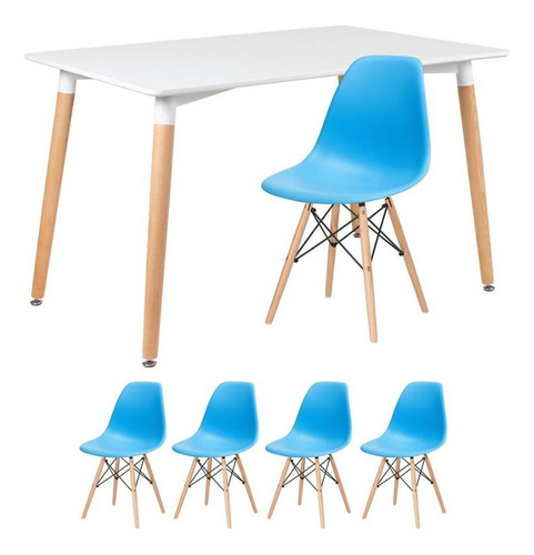 Kit Mesa Jantar Eames Retangular 120 X 80 Cm 4 Cadeiras Dsw Tampa Mesa Branco Com Cadeiras Azul Céu