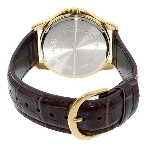 Imagen 5 de 5 de Reloj de pulsera Casio Enticer MTP-V001 de cuerpo color dorado, analógico, para hombre, fondo negro, con correa de cuero color marrón, agujas color dorado, dial dorado, minutero/segundero dorado, bisel color dorado y hebilla simple