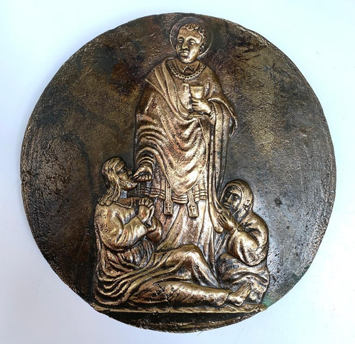 Santo - Medalhão De Bronze Com Imagem De Santo Com 2 Homens