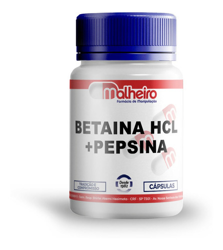 Suplemento em cápsulas Malheiro  Manipulado Cloridrato de Betaína 50 mg + Pepsina 50 mg 60 cápsulas