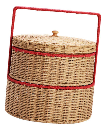 Canasta Tejida A Mano Con Mango Cesta De Picnic Doble Capa