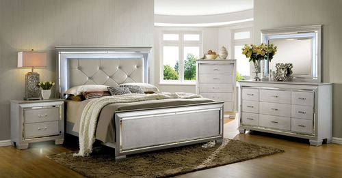 Imagen 1 de 7 de Recamara King Lillian Cama Capitoneada Gris Con Luz
