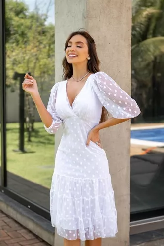 Vestido noiva civil midi rodado de tule com manga princesa