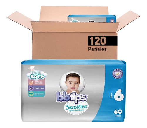Caja de pañales Bbtips Sensitive Extra Soft talla 6 con 4 paquetes de 40 unidades cada uno