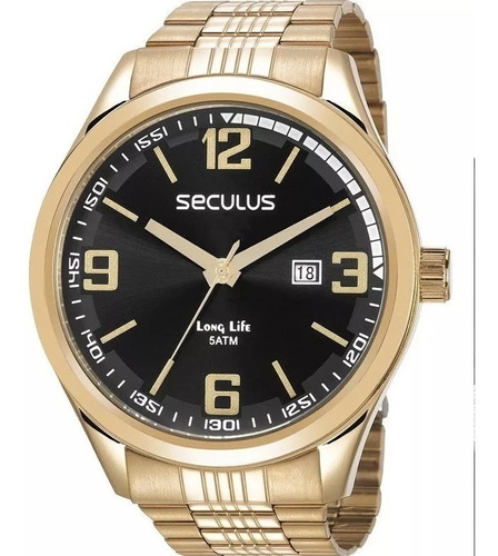 Relógio Masculino Seculus Long Life 23645gpsvda3 Plaque Ouro Cor Da Correia Dourado Cor Do Bisel Dourado Cor Do Fundo Preto