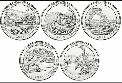 Set De 5 Monedas Quarters Cuartos Parques 2014 Unc