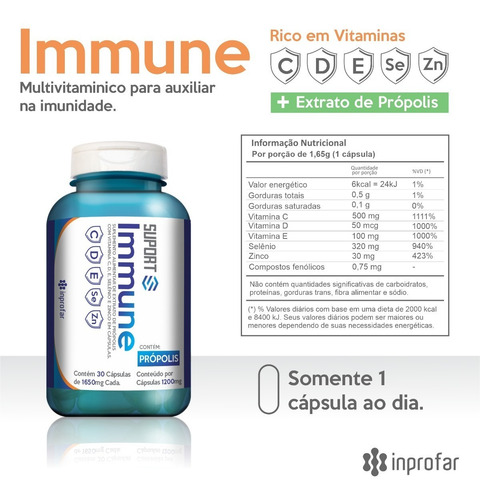Imagem 2 de 3 de Kit Imunidade Immune (vita C,d,e,zn,se E Propolis) 90 Caps