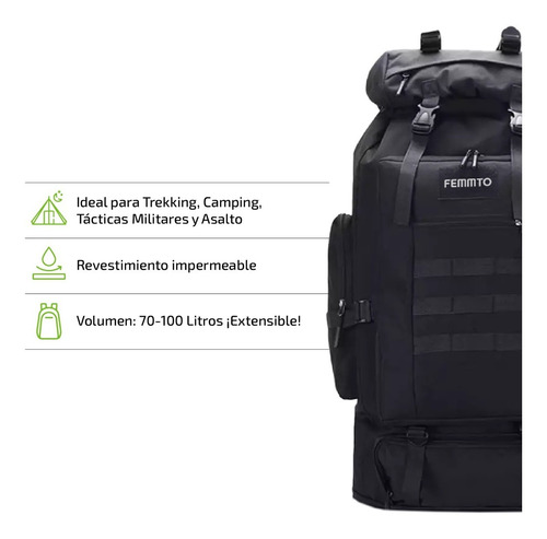 Imagen 6 de 8 de Mochila Tactica Ampliable De Camping 70-100 Litros Mochilero
