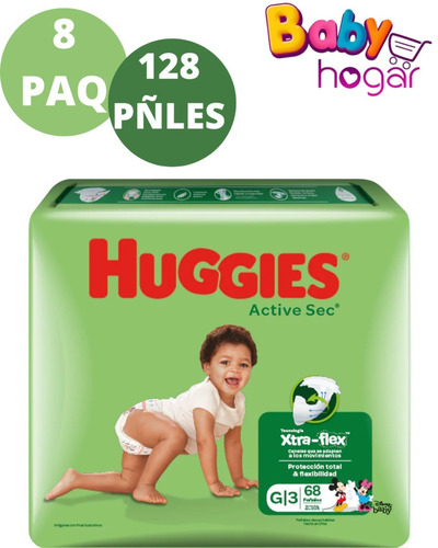 Huggies Active Sec Xxg, Xg, G Y M Pack X8 Paquetes