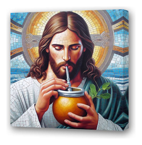 Cuadro 60x60cm Jesus Tomando Matecito Verde Venecitas