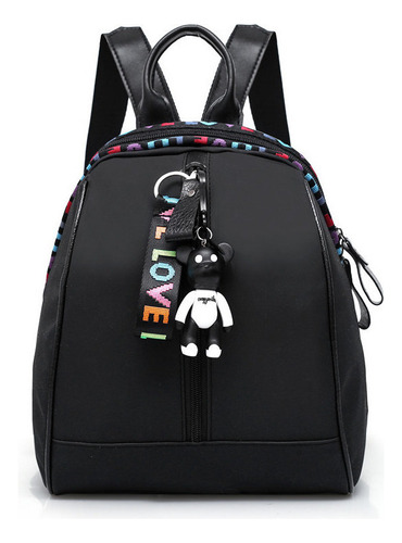 Mochila De Mujer De Tela Oxford Con Cintas Y Muñecos Color Negro