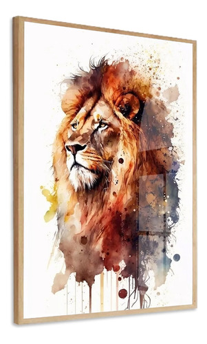 Quadro Decorativo Leão Colorido Aquarela Pintura Com Vidro