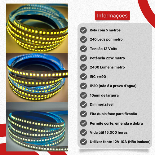 Fita Led 2835 240 Leds 5m Ip20 Branco. Luz Branco Quente 3000k Tensão De Operação 12v