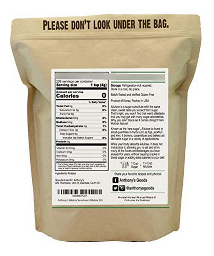 Endulzante Anthony's Allulose, 2 Lb, Sin Gluten, Keto Friend