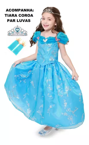 Vestido Infantil Princesa Cinderela longo Fantasia e Luva