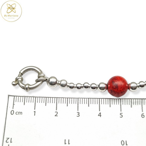 Imagen 4 de 5 de Pulsera Plata Bolitas Y 4 Piedras Rojas Cierre Marinero