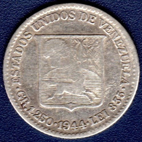 Moneda De Plata De 1/4 De Bolívar O 25 Céntimos De 1944