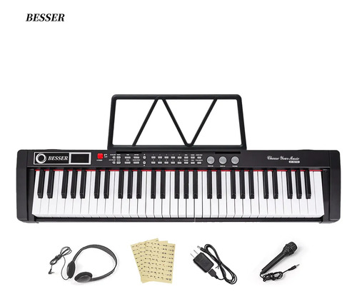 Teclado Musical Besser para Niños, Ancho tecla blanca 2.0 cm ,con 61 Teclas, 200 Tonos, 200 Ritmos y Micrófono