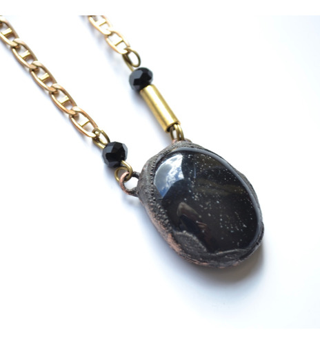 Collar Dije Espejo De Obsidiana Negra, Cadena Bronce, Cod1