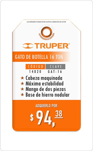 Imagen 3 de 3 de Gato Hidráulico De Botella De 16 Toneladas Truper 14820