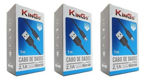 Kit 3 Cabos Micro-usb V8 Kingo Preto 1m 2.1a Para Galaxy A10