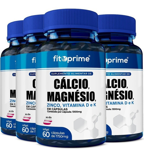Imagem 1 de 3 de 4 Potes Cálcio Magnésio Zinco Vitaminas D3 K2 Com 60cps