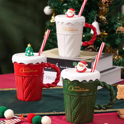 Taza De Navidad Con Tapa De Pajita, Tazas De Cerámica
