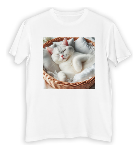 Remera Hombre Gata Blanca Durmiendo En Canasta Mimbre